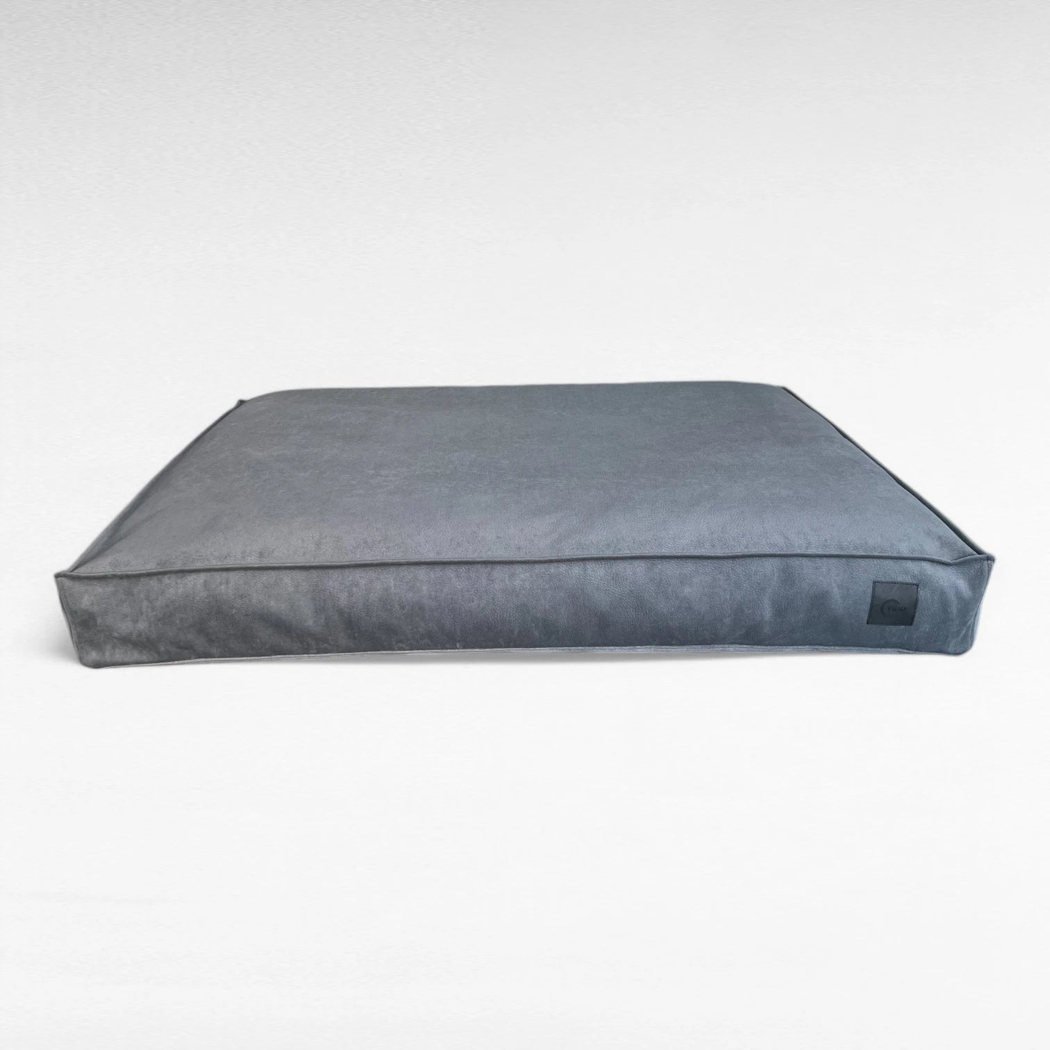 Rechteckiges Hundebett mit anthrazitfarbenem Bezug aus Nubuk Leder Imitat und Randsteppung oben