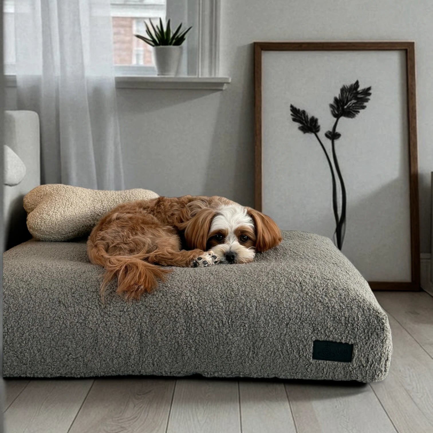 Modernes rechteckiges Hundekissen mit grauem Bouclebezug mit braun-weißem Malteser darauf liegend sowie mit knochenförmigem Hundekissen in beige