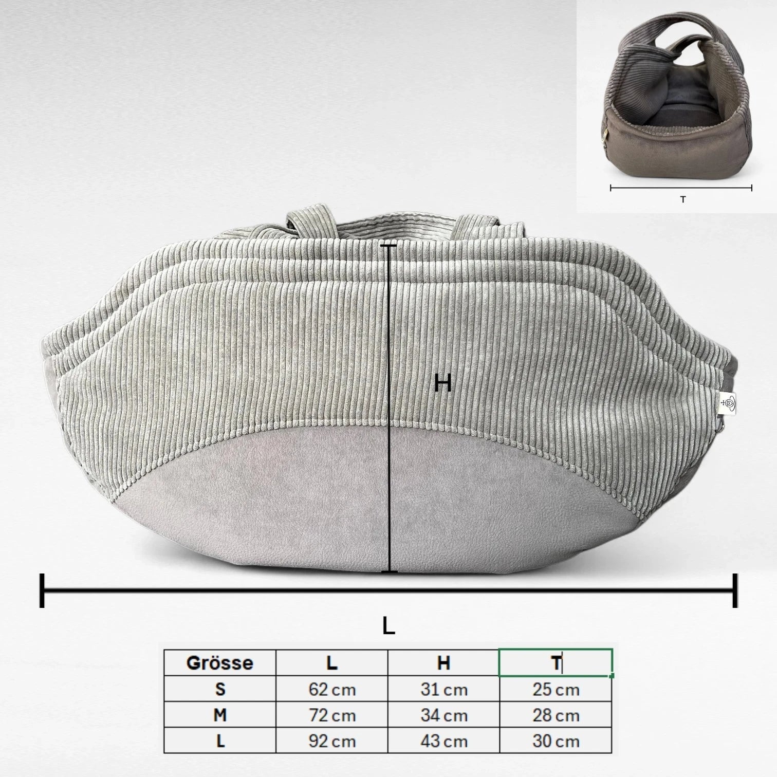 Grössentabelle mit Bemassung für Hundetasche Oki als Grössenfinder für die Grössen S bis L