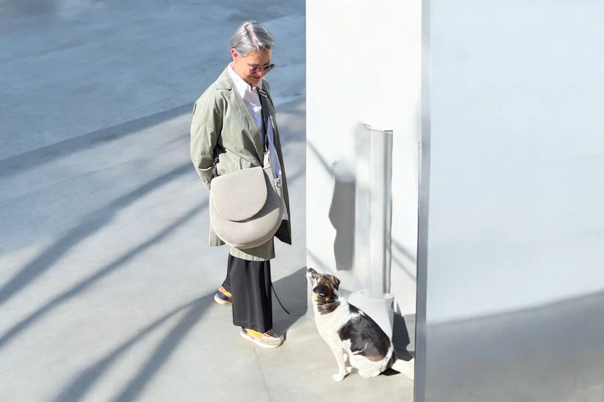 Frau mit großer Crossbody Tasche in der Sonne stehend und ein kleiner Hund sitzt vor ihr heraufschauend