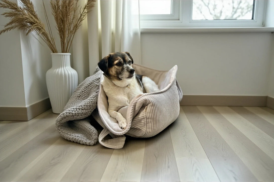 Kleiner Hund in moderner und gemütlicher hellgrauer Hundetasche in Zimmer liegend