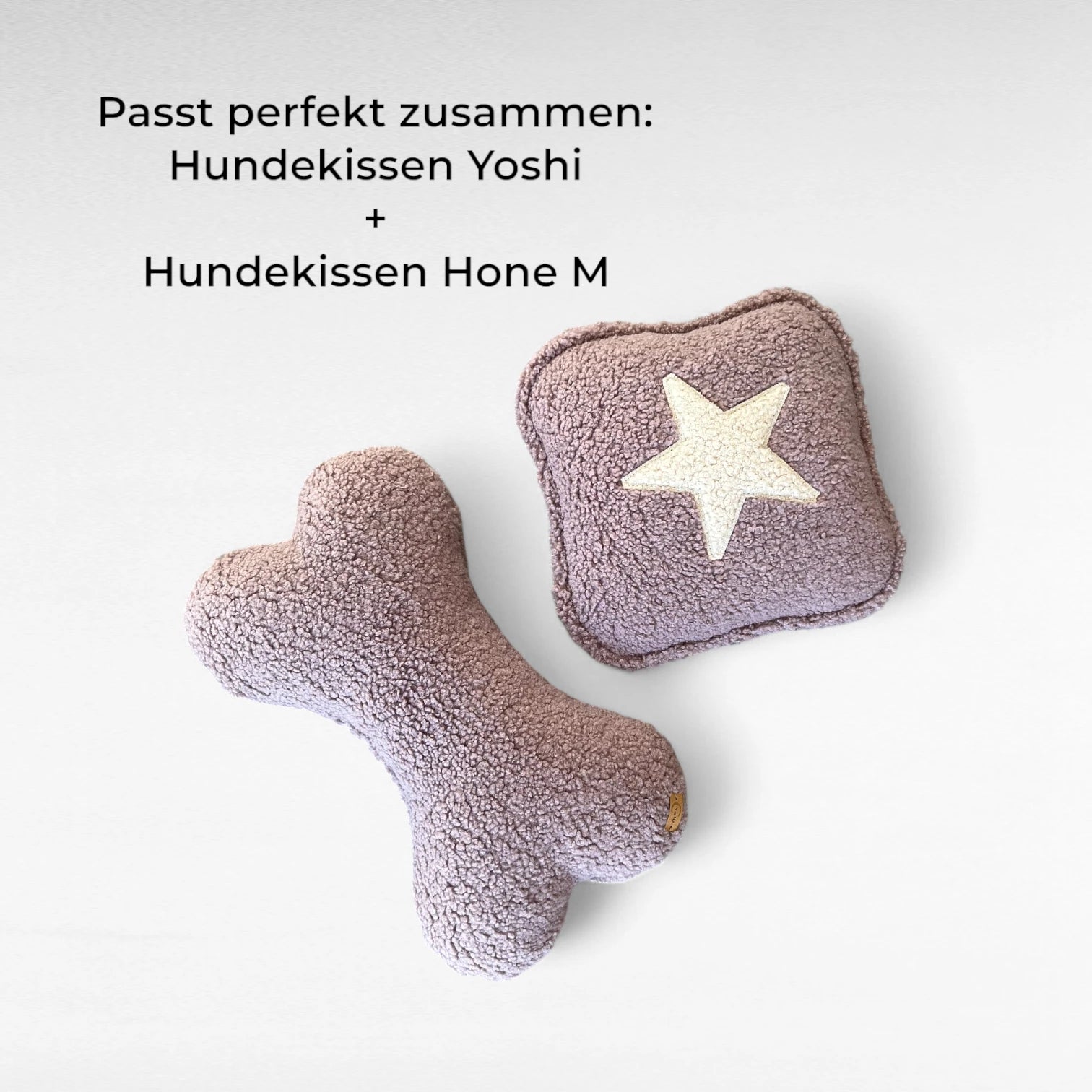 Quadratisches Hundekissen in altrosa mit Stern Applikation und Hundekissen in altrosa in Knochenform