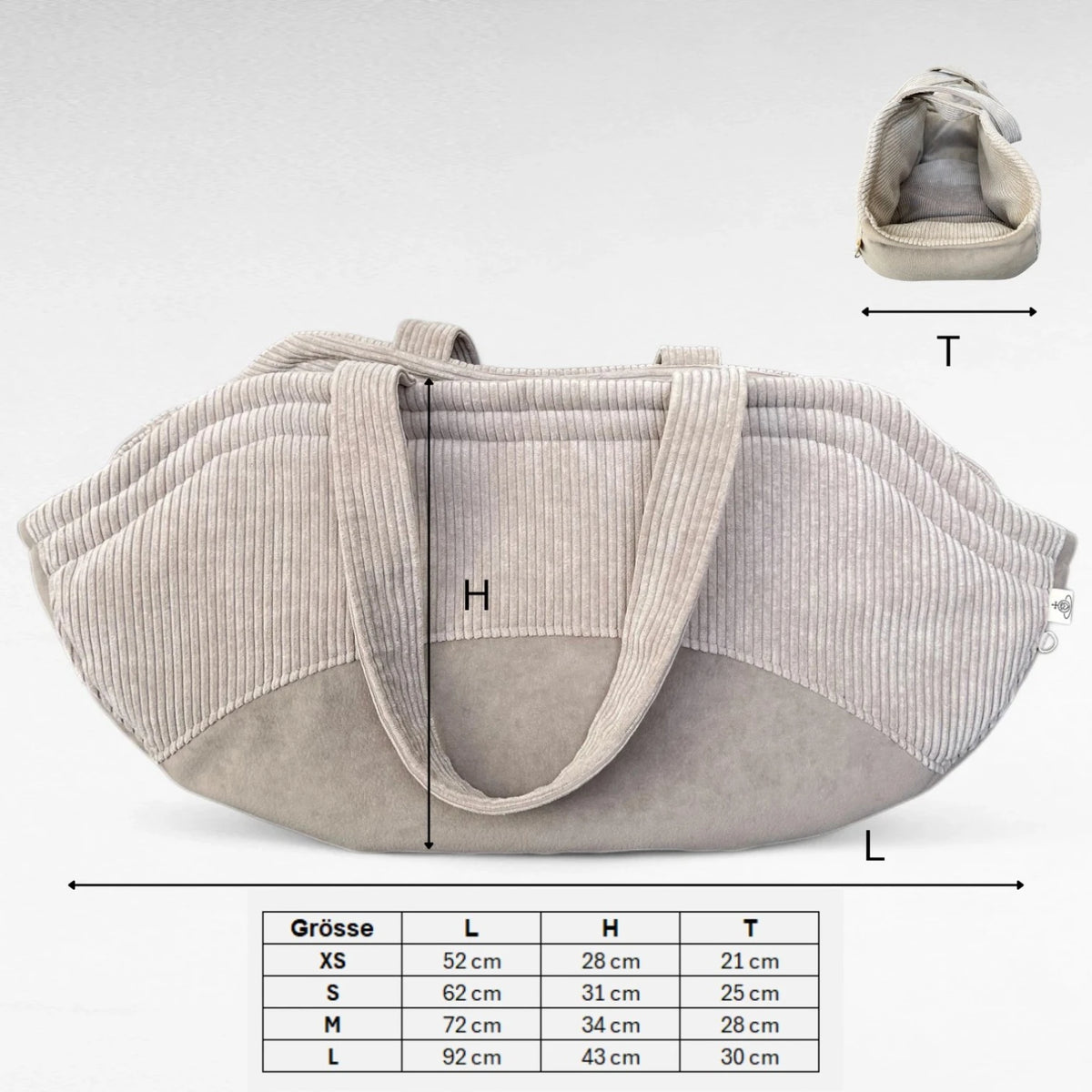 Längenmasse, Höhenmasse und Tiefenmasse Hundetaschenkörbchen Oki für die Größen XS - L