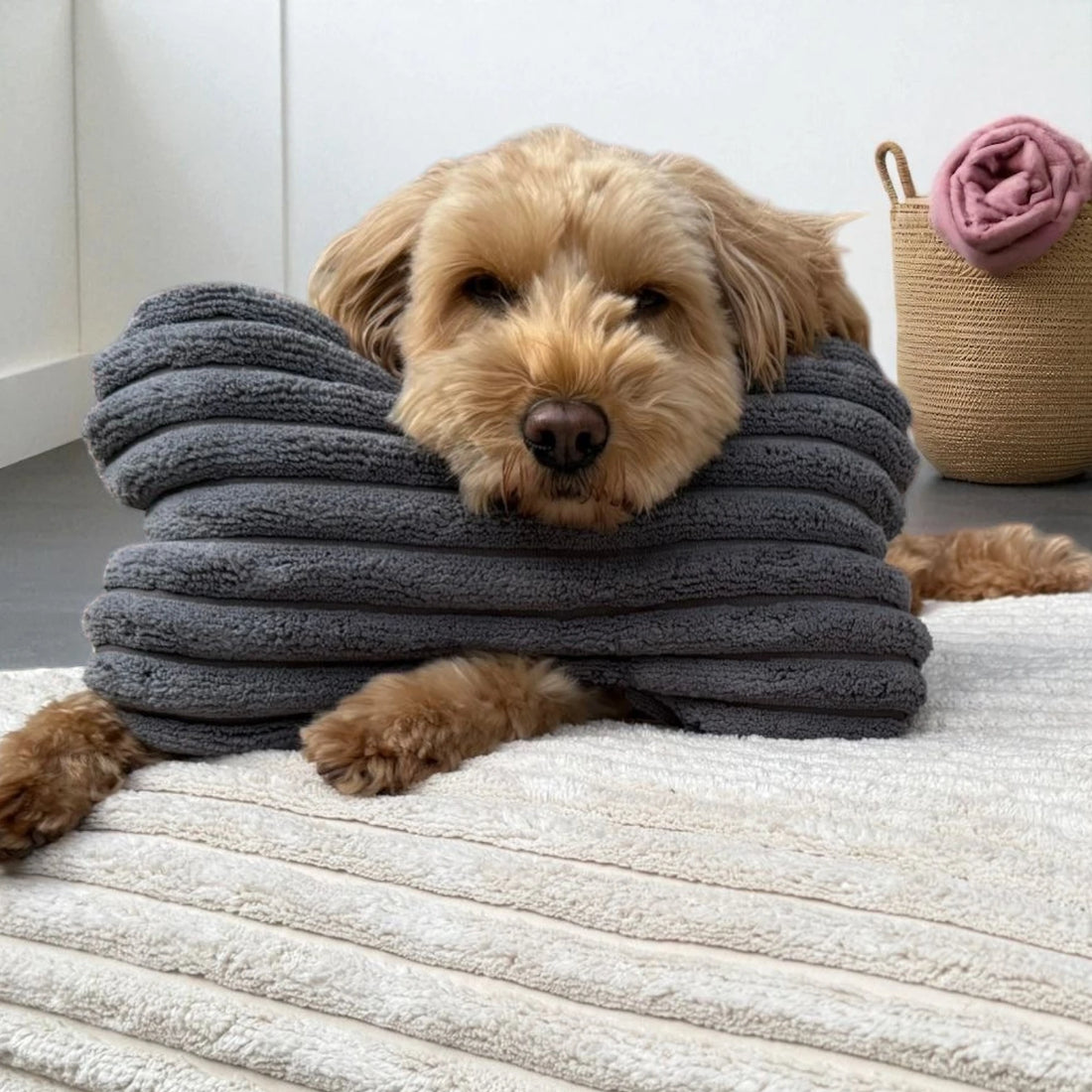 Golden Doodle liegt entspannt mit dem Kopf auf Knochenkissen aus Ultrabreitcord in Farbe grau